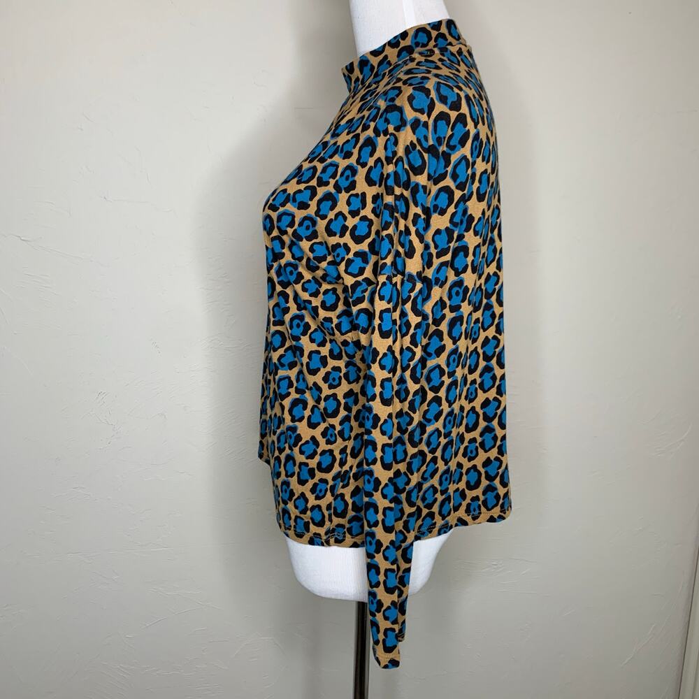 Topshop Cheetah Mock Neck Shirt Camel Black and Turquoise Sz 4 - Picture 3 of 8